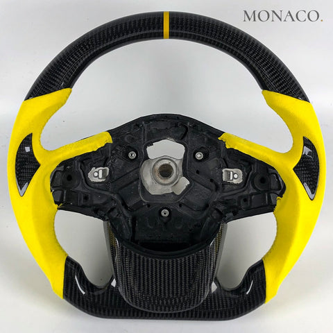 Custom carbon fiber steering wheel for Toyota Supra GR A90 (2020–2024): Yellow Suede Carbon
