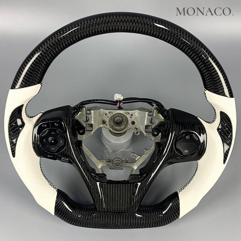 Custom carbon fiber steering wheel for Toyota Corolla Camry 7th Gen (2012–2015): White Perforated Leather Carbon