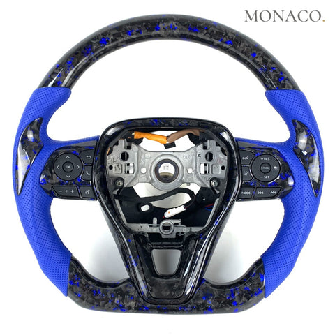 Custom carbon fiber steering wheel for Toyota Corolla (2014–2022): Blue Perforated Leather Blue Forged Carbon