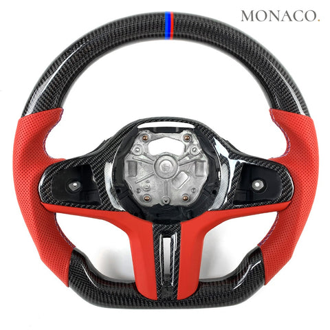 Custom carbon fiber steering wheel for BMW 3 Series G20, 5 Series G30, M3 G80, M4 G82 (2019–2026): Red Perforated Leather