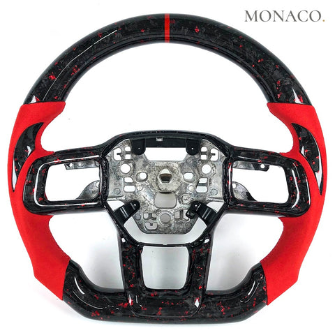 Custom carbon fiber steering wheel for Ford Mustang GT S650 (2024–2025): Red Suede Red Forged Carbon