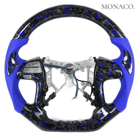 Custom carbon fiber steering wheel for Toyota Camry (2007–2014): Blue Perforated Leather Blue Forged Carbon
