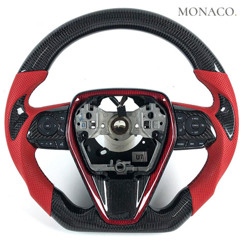 Custom carbon fiber steering wheel for Toyota Camry Avalon (2017–2022): Red Perforated Leather Carbon