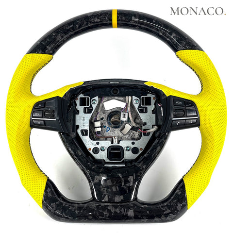 Custom carbon fiber steering wheel for BMW 3 Series F30, 5 Series F10, 7 Series F01 (2012–2019): Yellow Perforated Leather