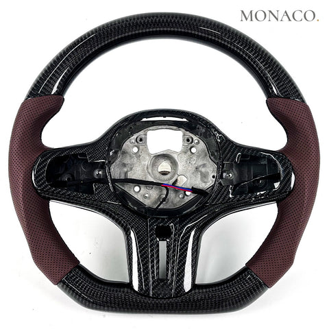 Custom carbon fiber steering wheel for BMW 3 Series G20, 5 Series G30, M3 G80, X5 G05 (2019–2026): Brown Perforated Leather