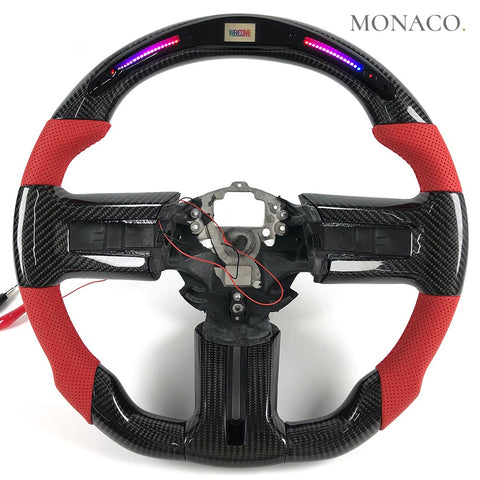 Custom carbon fiber steering wheel for Ford Mustang GT SN95 (1999–2004): Red Perforated Leather LED Carbon