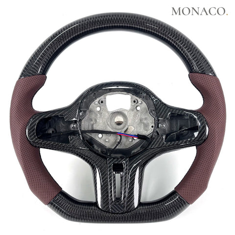 Custom carbon fiber steering wheel for BMW M3 G80, M4 G82, 3 Series G20, 5 Series G30 (2019–2026): Brown Perforated Leather