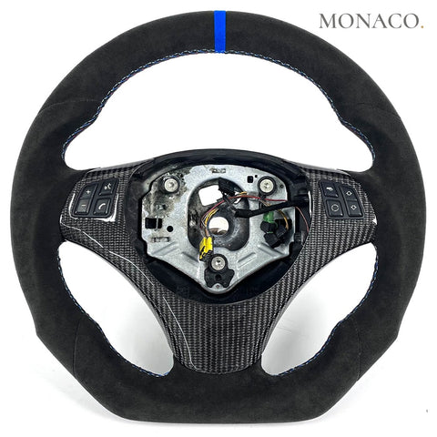Custom carbon fiber steering wheel for BMW 3 Series E90 E92 E93 & M3, 1 Series E82 E87 (2006–2013): Black Suede Carbon