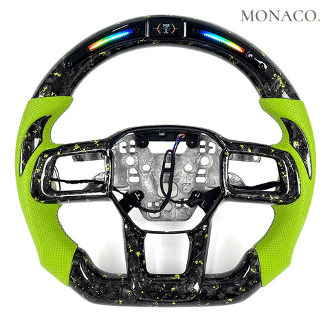 Custom carbon fiber steering wheel for Ford Mustang GT S650 (2024–2026): Green Perforated Leather LED Green Forged Carbon