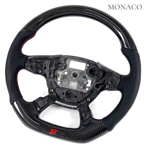 Custom carbon fiber steering wheel for Ford Focus ST RS Mk3 (2012–2018): Black Perforated Leather Carbon D-Shape