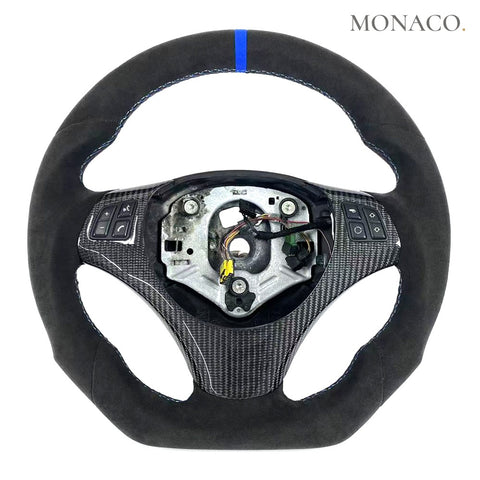 Custom carbon fiber steering wheel for BMW 3 Series E90 E92 E93 & M3, 1 Series E82 E87 (2006–2013): Full Black Suede