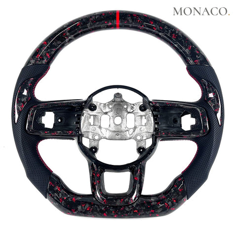 Custom carbon fiber steering wheel for Jeep Wrangler JL Gladiator (2018–2025): Black Perforated Leather Red Forged Carbon
