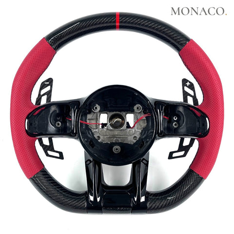 Custom carbon fiber steering wheel for Mercedes-Benz C63-E63-S63 AMG, W204-W205 (2007–2021): Burgundy Perforated Leather