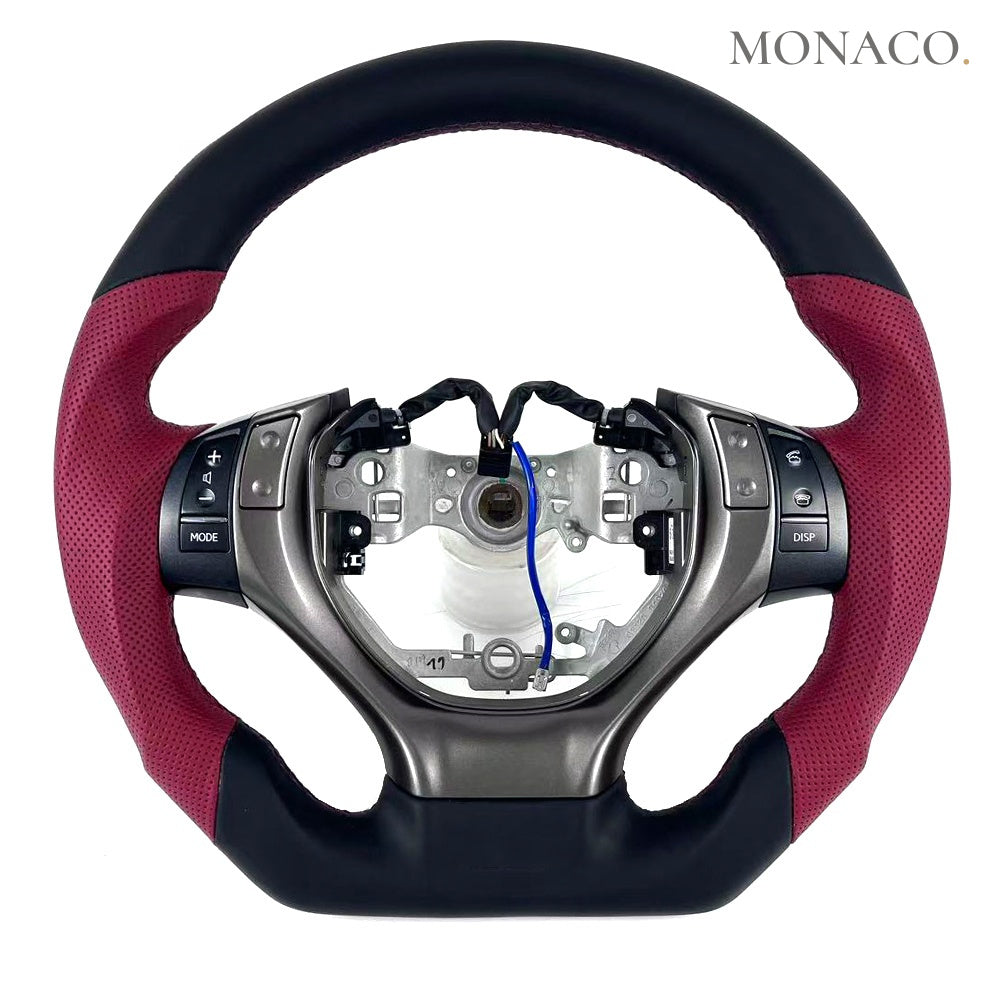 2013–2025 Lexus IS / ES / GS / RX / NX Carbon Fiber Steering Wheel – Burgundy & Black Leather
