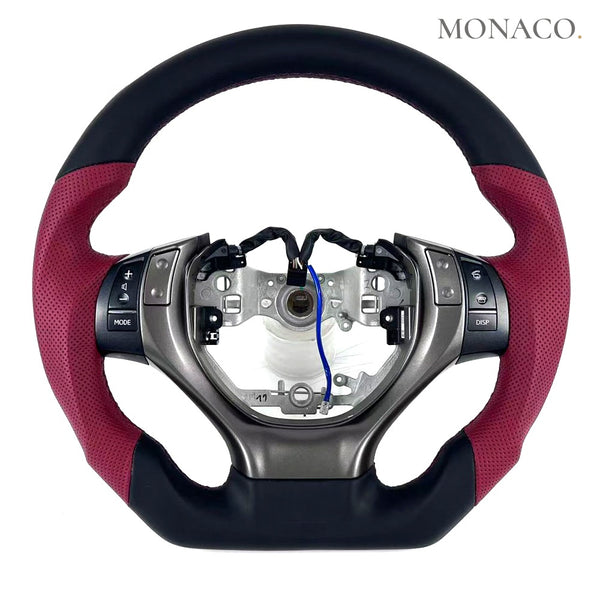 2013–2025 Lexus IS / ES / GS / RX / NX Carbon Fiber Steering Wheel – Burgundy & Black Leather