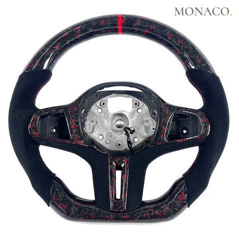 Custom carbon fiber steering wheel for BMW M5 F90, M8, 5 Series G30, X3 M (2018–2026): Red Forged Carbon