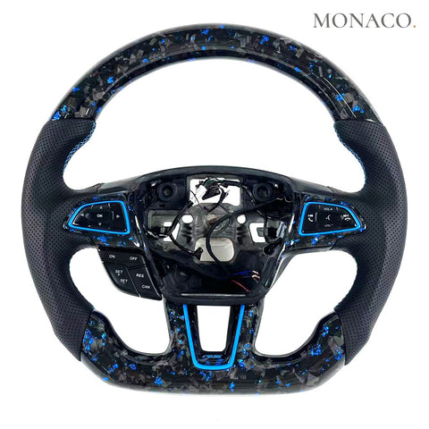 Custom carbon fiber steering wheel for Ford Focus ST RS Mk3 (2012–2018): Black Perforated Leather Blue Forged Carbon