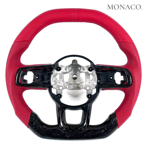 Custom carbon fiber steering wheel for Jeep Wrangler JL JK Gladiator (2018–2025): Red Leather Forged Carbon