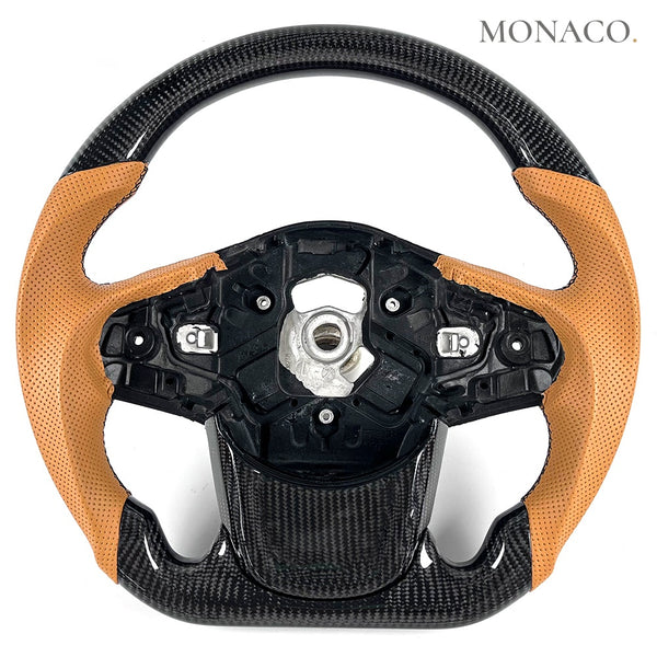 2020–2022 Toyota GR Supra A90 Carbon Fiber Steering Wheel – Tan Perforated Leather & Carbon Fiber