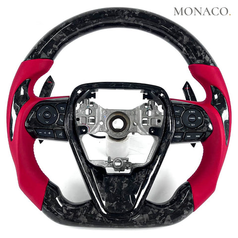 Custom carbon fiber steering wheel for Toyota Camry 7th Gen (2012–2017): Red Smooth Leather Forged Carbon