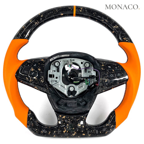 Custom carbon fiber steering wheel for BMW 3 Series E90 E92 & M3, 5 Series E60 & M5 (2004–2013): Orange Leather Gold Forged Carbon