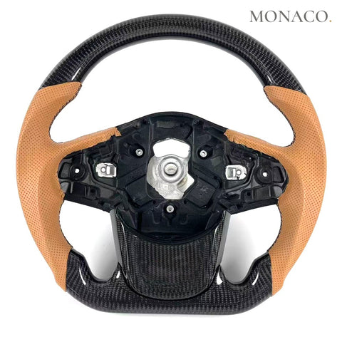 Custom carbon fiber steering wheel for Toyota Supra GR A90 A91 (2020–2025): Brown Perforated Leather Carbon