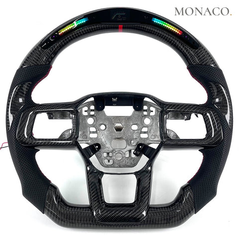 Custom carbon fiber steering wheel for Ford Mustang GT S650 (2024–2025): Perforated Leather LED Carbon