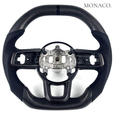 Custom carbon fiber steering wheel for Jeep Wrangler JL (2018–2020): Perforated Leather Matte Twill Carbon
