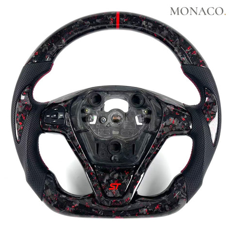 Custom carbon fiber steering wheel for Ford Fiesta ST Mk7 Mk7.5 (2010–2018): Red Forged Carbon D-Shape