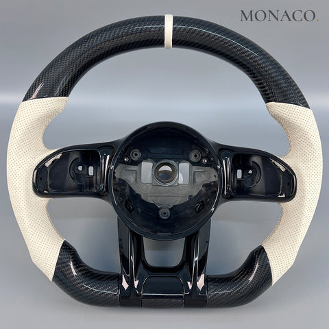 Custom carbon fiber steering wheel for Mercedes-Benz C-Class W204 W205 C63 E-Class W212 W213 E43 E53 E63 (2008–2020): White Perforated Leather Carbon