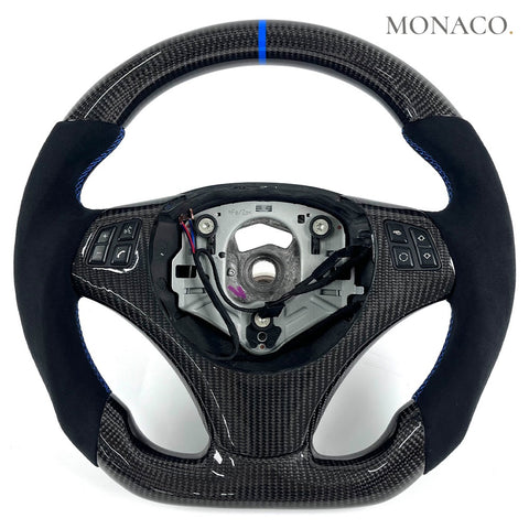 Custom carbon fiber steering wheel for BMW 3 Series E90 E92 E93 & M3, 1 Series E82 E88 (2006–2013): Black Suede Carbon