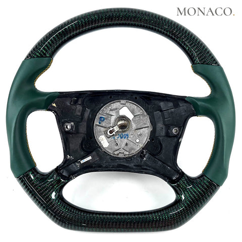 Custom carbon fiber steering wheel for BMW 3 Series E36 E46, 5 Series E39, 7 Series E38, X5 E53 (1992–2006): Green Leather Green Carbon