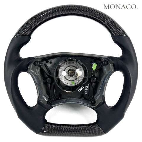 Custom carbon fiber steering wheel for Mercedes-Benz E-Class W210-W211, CLK W209, CLS W219, SL W230, G350-G550, E55 (1995–2011): Black Smooth Leather