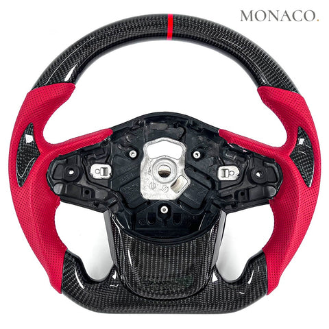Custom carbon fiber steering wheel for Toyota Supra GR A90 (2020–2024): Red Perforated Leather Carbon