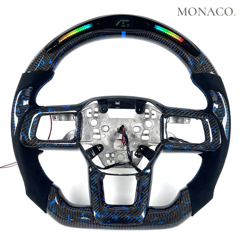 Custom carbon fiber steering wheel for Ford Mustang S650 (2024–2026): Light Blue LED Carbon Racing