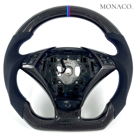 Custom carbon fiber steering wheel for BMW 3 Series E90 & 5 Series E60 (2004–2013): Black Perforated Leather