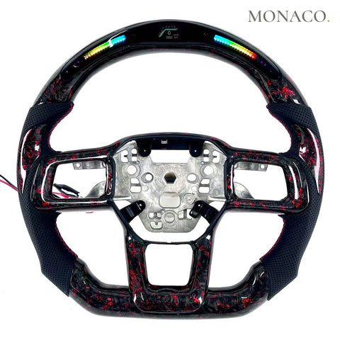 Custom carbon fiber steering wheel for Ford Mustang GT Dark Horse S650 (2024–2026): Black Perforated Leather LED Red Forged Carbon D-Shape
