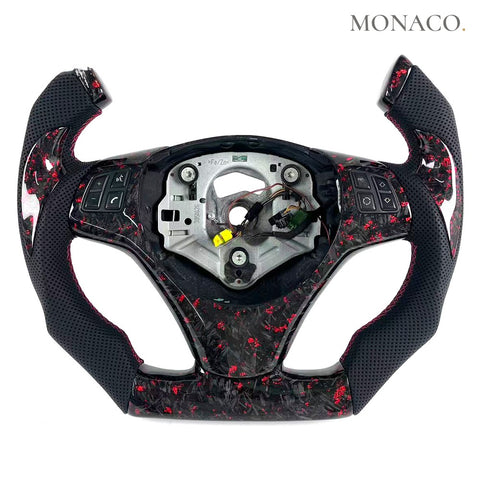 Custom carbon fiber steering wheel for BMW 3 Series E90 E92 E93 & M3 (2006–2013): Red Forged Carbon F1 Paddles