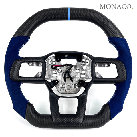 Custom carbon fiber steering wheel for Ford Mustang GT S650 (2024–2026): Blue Suede Matte Carbon