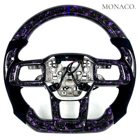 Custom carbon fiber steering wheel for Ford Mustang GT S650 (2024–2026): Black Suede Purple Forged Carbon