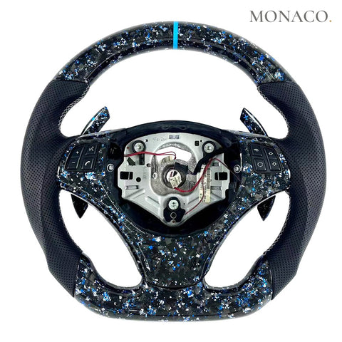 Custom carbon fiber steering wheel for BMW M3 E90 E92 E93 (2007–2013): Black Perforated Leather Blue White Forged Carbon