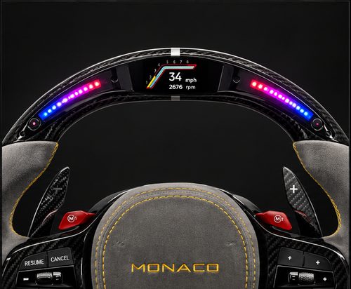 RPM shifter gauge with LCD screen built into the wheel face